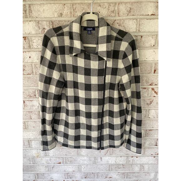 Chaps Women's Full Zip Sweater Gray & White Plaid Size L - Picture 1 of 5